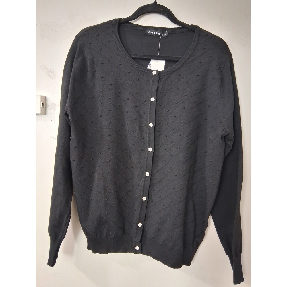 Zoe & Zac Women Black Swiss Dot Pointelle Flower Button Cardigan DW1078 L NEW